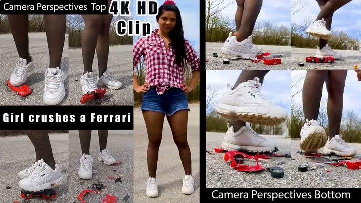 4K | Ferrarie Crush Trample Destroy | 2 Camera Perspectives | Top | Bottom - Girl crushes a Ferrari with her stinky nylons Fila sneakers, she kicks very hard and turns Ferrari into scrap cars destroyed, kicked, trampled, crushed, smashed, crushed,