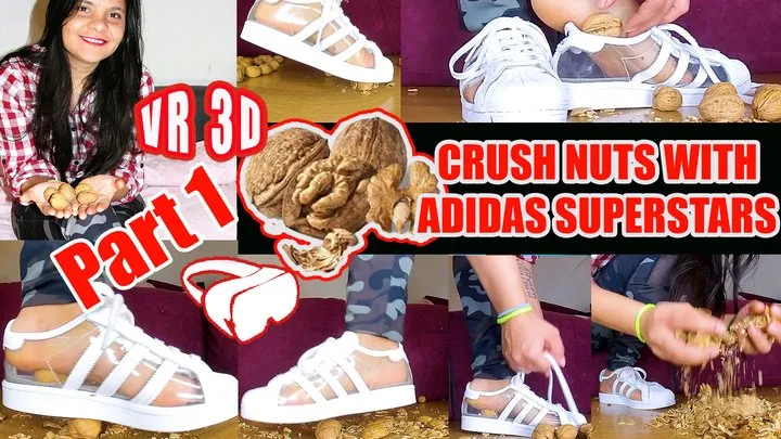 VR 3D Virtual Reality Sexy girl crushes Part1 Here I crush a lot of hard walnuts barefoot in my transparent Adidas Superstars crushing crush nuts sweaty feet barefoot