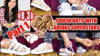 VR 3D Virtual Reality Sexy girl crushes Part1 Here I crush a lot of hard walnuts barefoot in my transparent Adidas Superstars crushing crush nuts sweaty feet barefoot