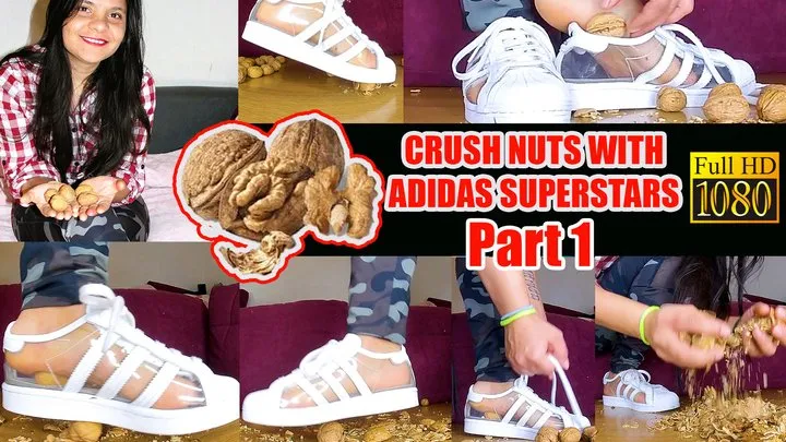 Sexy girl crushes Part1 Here I crush a lot of hard walnuts barefoot in my transparent Adidas Superstars crushing crush nuts sweaty feet barefoot
