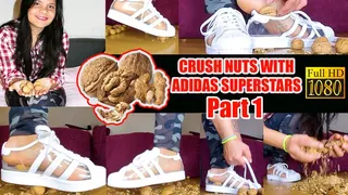 Sexy girl crushes Part1 Here I crush a lot of hard walnuts barefoot in my transparent Adidas Superstars crushing crush nuts sweaty feet barefoot