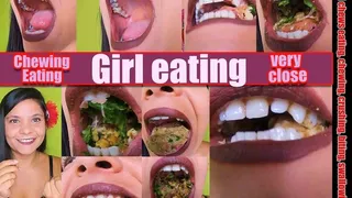 Girl Chew Pretty girl eats a sandwich with raw ham and very hard corn kernels that crack hard sandwich with hard corn kernels SHE shows you her teeth and her mouth