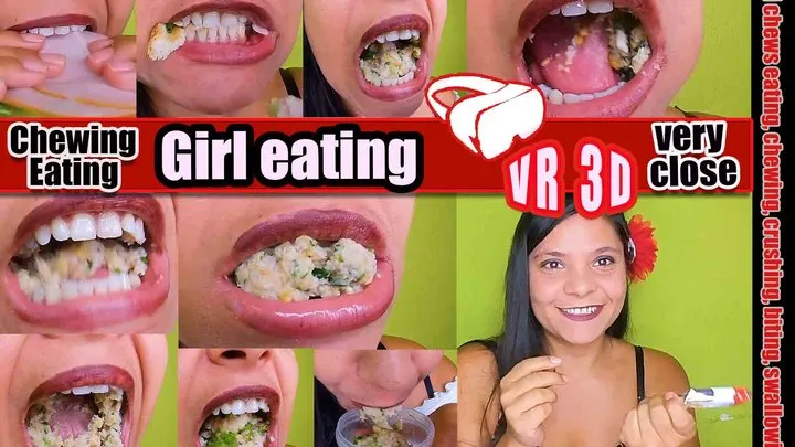 3D VR Virtual Reality Pretty girl eats a sandwich with boiled ham and very hard corn kernels that crack hard shows you her teeth and her mouth with her sharp teeth