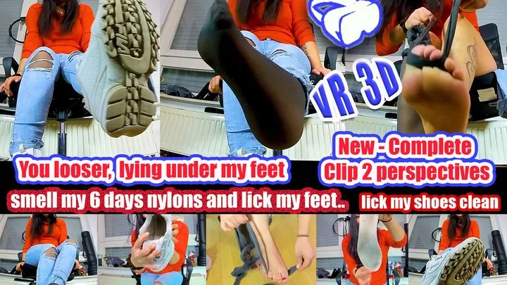 VR 3D Virtual Reality -Girl shows her sweaty smelly nylons that she wore for 6 days Lick clean the Barefoot in her filas destructor and insoles and their sweaty feet, shoeplay, dipping 6 days Nylons Lick clean the Barefoot