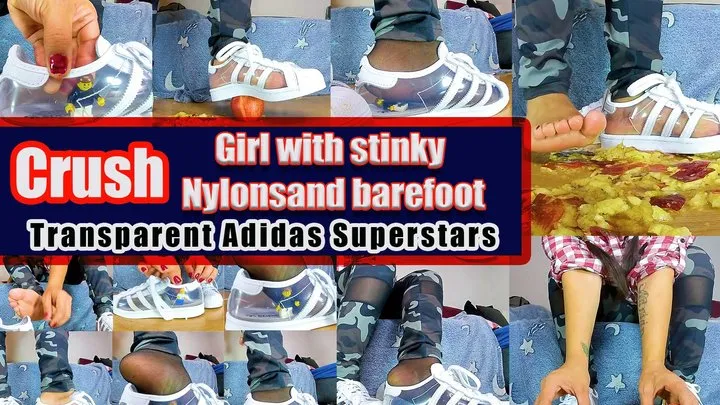 Sexy girl crushes my transparent Adidas Superstars worn barefoot apples and little man with sneakers aAdidas Girl Crush Apple Video, here I crush a few apples to a pulp with