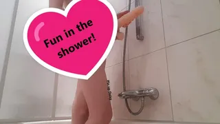 Fun in the shower with big dildo