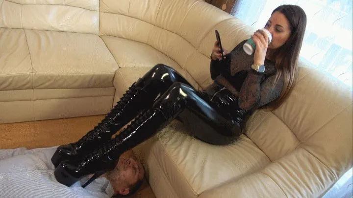 IGNORE PACK- 4 CLIPS IN ONE PACK!--human furniture-The human footstool- fat *ss beta loser in bridge position-Latex pants and high heels-The foot stool slave