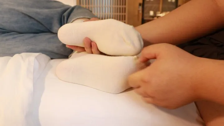 Chinese woman's smelly cotton socks feet are tickled