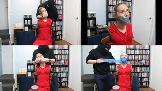 Pretty Sara is chairtied and massively gagged twice wearing a sexy red dress and gets a pantyhood to humiliate her for good measure!