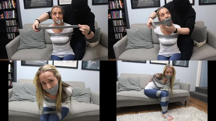 Sara is a housesitter bound with duct tape in her tight jeans and t-shirt before being gagged with a huge mouth stuffing tapegag and left to struggle for fun with her feet bound too!