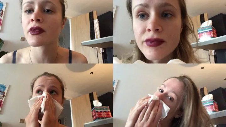 Blonde British babe Sandy is back with her cold having got way worse, producing several massive snotty honking nose blows into tissues to relieve her mucus AGAIN!