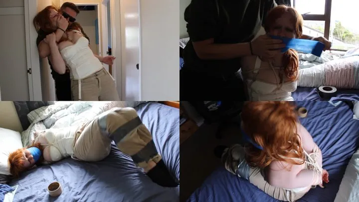 Hot redhead Scarlett kept tightly bound and gagged in rope bondage by a burglar - Scene 1