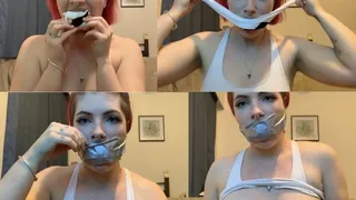 Sexy redhead gags herself with socks and duct tape before playing with her perky tits - MKV