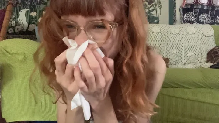 Incredibly beautiful Sarah is back with seriously snotty nose from the flu and blows her nose as many times as possible, completely soaking her tissues!