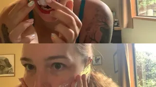 A sexy redhead gags herself with handkerchiefs and duct tape and screams for stress relief