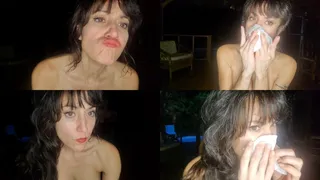 Stunning brunette has a cold and blows her nose in the nude several times with loud snotty blows! - MKV