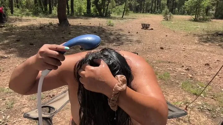 Outdoor topless hair wash