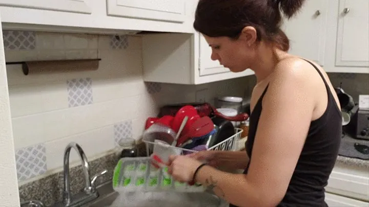 Harlow getting the dirty dishes washed!