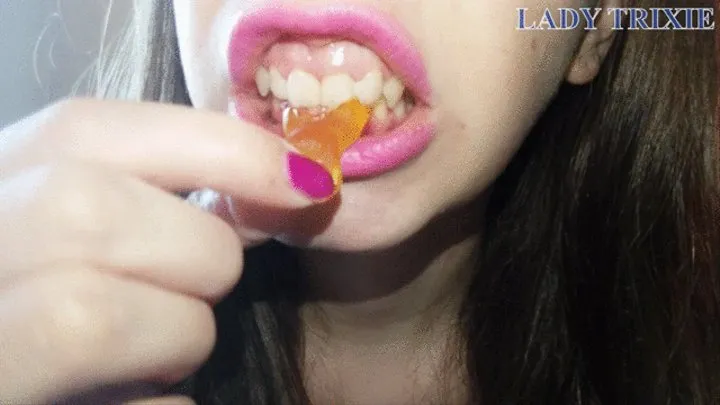 Eating and chewing gummy bears in slow motion