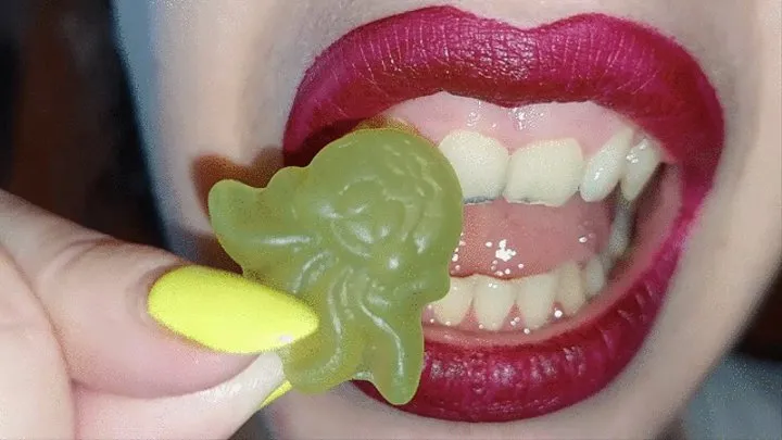 Chewing and eating gummy octopus