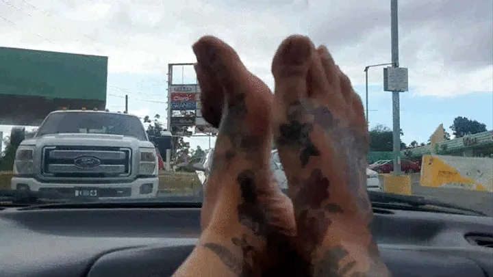 Long Unpainted ToeNails toe Wiggling Foot Fetish Fun take a car ride with giantess lolas feet on the dash