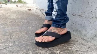 Outdoor Shoeplay in CalvinKlein Wedge Flip Flops tattoed latina milf giantess lola