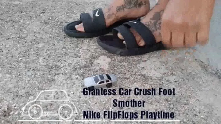 GIANTESS CAR CRUSH in Well Worn Nike Flips outdoors