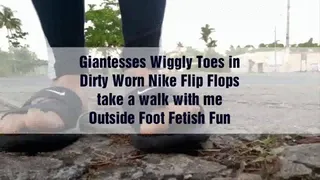 Giantesses Wiggly Toes in Dirty Worn Nike Flip Flops take a walk with me Outside Foot Fetish Fun