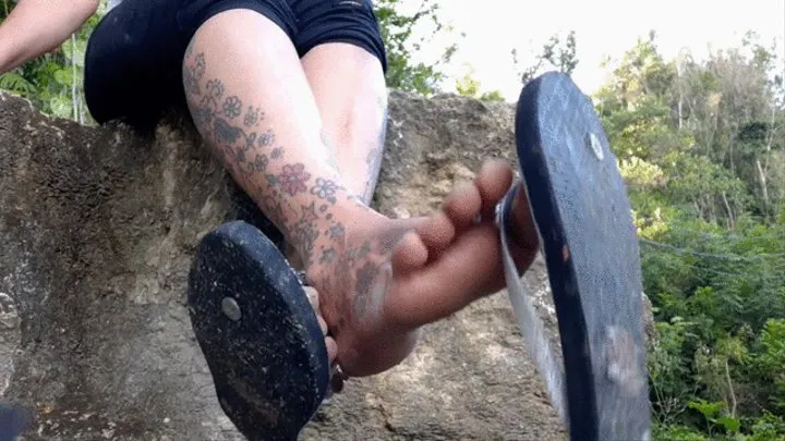 Latina milf sitting on a rock with anklet Dirty Very Worn Flip Flop and Feet Playtime On Sale want to buy my stinky flip flops