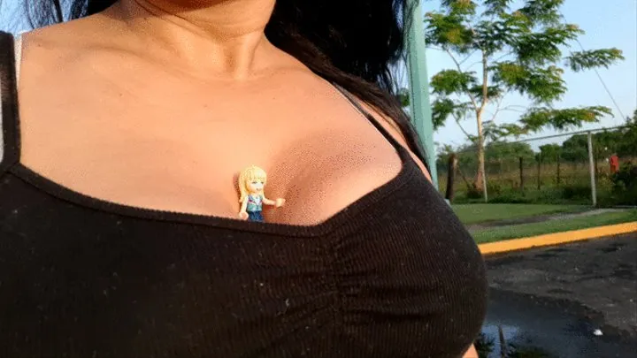 Giantess Outside taking a walk Cleavage Ride in Bouncy Boobs for tiny Girl