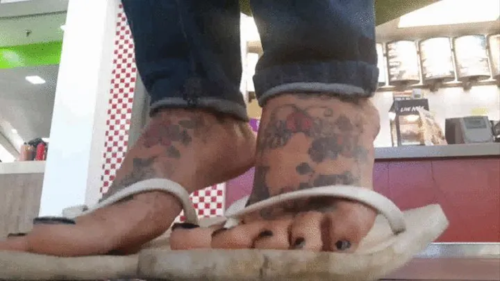 Dirty Well Worn White Flip Flops While Eating out at the Mall Food Court Foot Fetish Cam