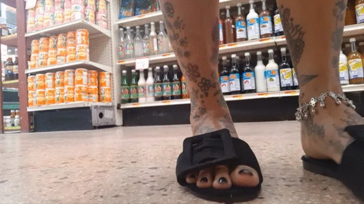 Giantess Lolas Shop with Me Black suede Buckle Flip Flop Sandals Wearing anklet Walking Foot Fetish Cam