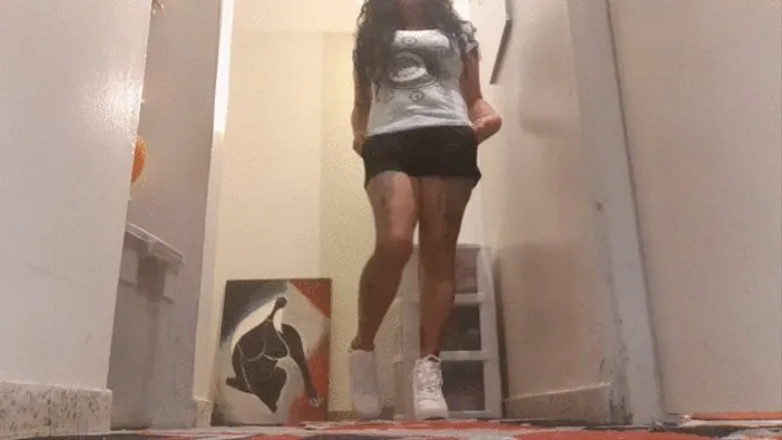 HIGH Heel SNeaker Walking with Shorts on Carpet Sneaker&Shoe Fetish Fun in kitchen Shoes Dragging Sounds