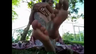 Sexy Giantess Foot Fetish Fun Public foot worship at the park outdoors Soles and pretty painted toenails