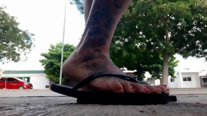 Giantess Unaware she has a little person watching her Sexy Feet while she waits for a bus She Slaps her Flip Flops against her Soles and Poses her Pretty Feet