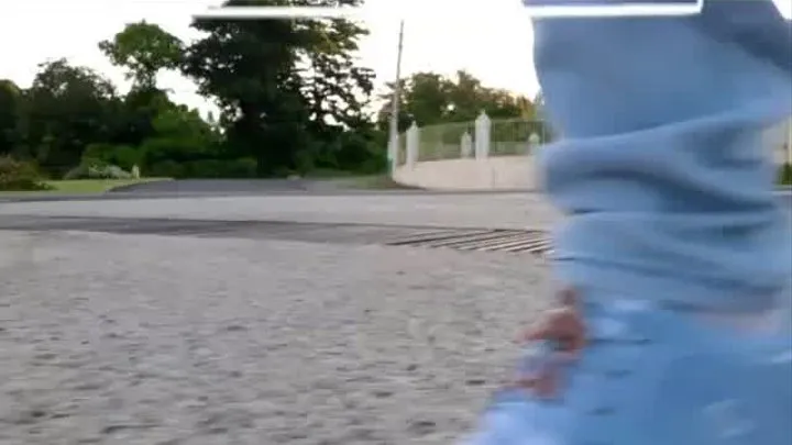 Giantess takes a hot Summer Day Walk with a tiny man Trapped in her Blue Sneakers