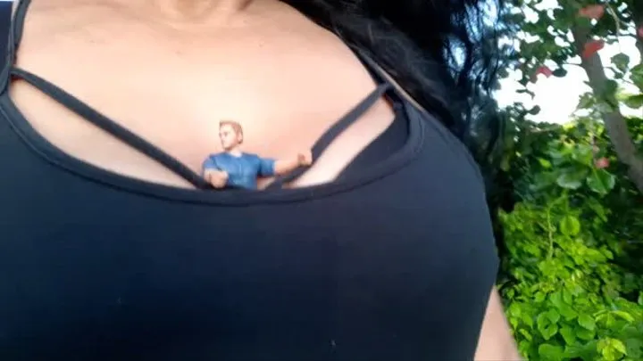 Giantess Lola summer Walk Sweaty Cleavage Ride for tiny man Squished in between Big Natural Bouncing Boobs