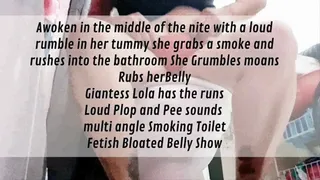 Awoken in the middle of the nite with a loud rumble in her tummy she grabs a smoke and rushes into the bathroom She Grumbles moans Rubs herBelly Giantess Lola has the runs Loud Plop and Pee sounds multi angle Smoking Toilet Fetish Bloated Belly Show