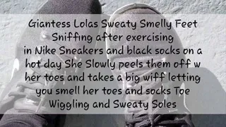 Giantess Lolas Sweaty Smelly Feet Sniffing after exercising in Nike Sneakers and black socks on a hot day She Slowly peels them off w her toes and takes a big wiff letting you smell her toes and socks Toe Wiggling and Sweaty Soles mkv