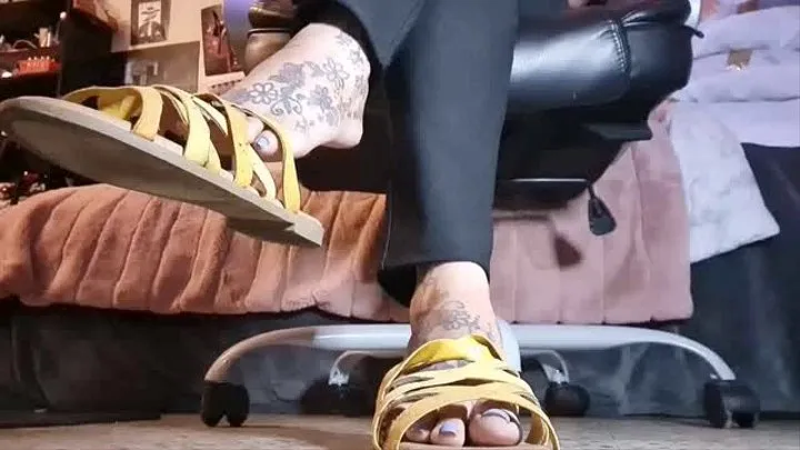 Shoe of the Day Yellow Strappy FlipFlop Sandals ShoePlay Under Giantess Lola Foot and Shoe Fetish VoyeurCam Dangling Toe Tapping Big Toe Pointing at camera Extreme Closeup OneShoe HeelPopping and more just what your looking for