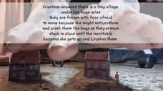 Lolas Victims how many will be Crushed by her Huge Soles Giantess unaware there is a tiny village under her huge soles they are frozen with fear afraid to move because she might noticevthem and crush them like bugs so they ermain stuck in place until the
