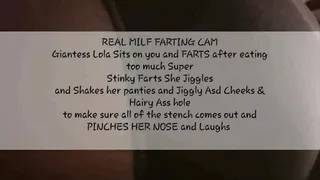 REAL MILF FARTING CAM Giantess Lola Sits on you and FARTS after eating too much Super Stinky Farts She Jiggles and Shakes her panties and Jiggly Asd Cheeks & Hairy Ass hole to make sure all of the stench comes out and PINCHES HER NOSE and Laughs mkv