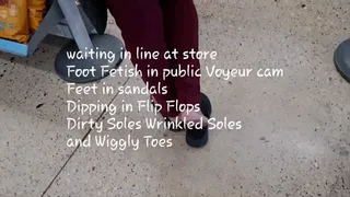 waiting in line at store Foot Fetish in public Voyeur cam Feet in sandals Dipping in Flip Flops Dirty Soles Wrinkled Soles and Wiggly Toes mkv