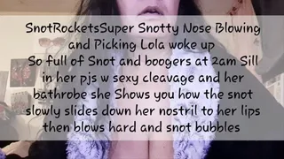 SnotRocketsSuper Snotty Nose Blowing and Picking Lola woke up So full of Snot and boogers at 2am Sill in her pjs w sexy cleavage and her bathrobe she Shows you how the snot slowly slides down her nostril to her lips then blows hard and snot bubbles