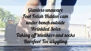 Giantess unaware Foot Fetish under bench outside Wrinkled Soles Taking off sneakers and socks Barefoot Toe wiggling