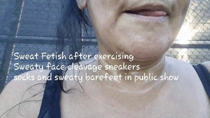 Sweat Fetish after exercising Sweaty face cleavage sneakers socks and sweaty barefeet in public show