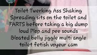 Toilet Twerking Ass Shaking Spreading sits on the toilet and FARTS before taking a big dump loud Plop and pee sounds Bloated belly jiggle multi angle toilet fetish voyeur cam