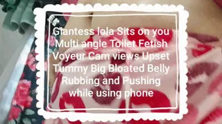 Giantess lola Sits on you Multi angle Toilet Fetish Voyeur Cam views Upset Tummy Big Bloated Belly Rubbing and Pushing while using phone