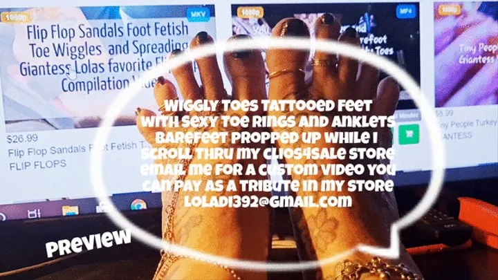 Wiggly Toes Tattooed Feet with Sexy Toe Rings and Anklets Barefeet propped up while i scroll thru my clips4sale store email me for a custom video you can pay as a tribute in my store mkv