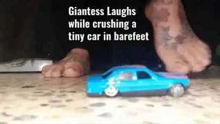 Bareheel car crush Giantess Latina Milf Lola Laughs while crushing a tiny car in barefeet